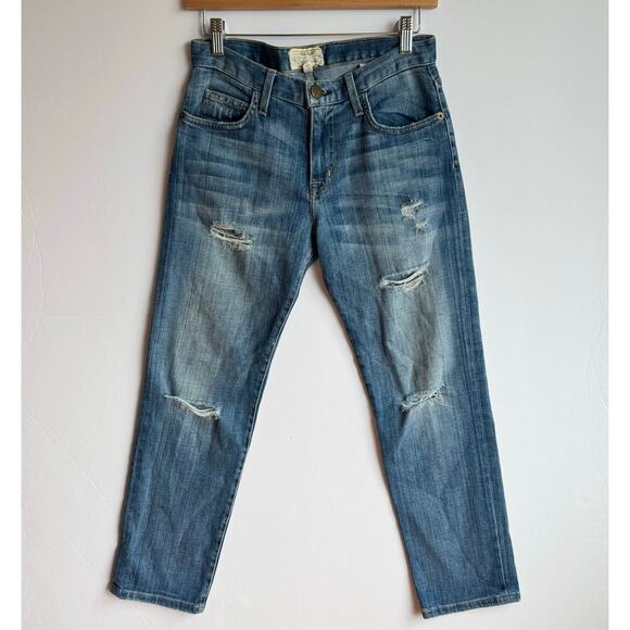 Current Elliot The Boyfriend Relaxed Destroyed Cropped Jean in Medium Blue Denim - Picture 1 of 12